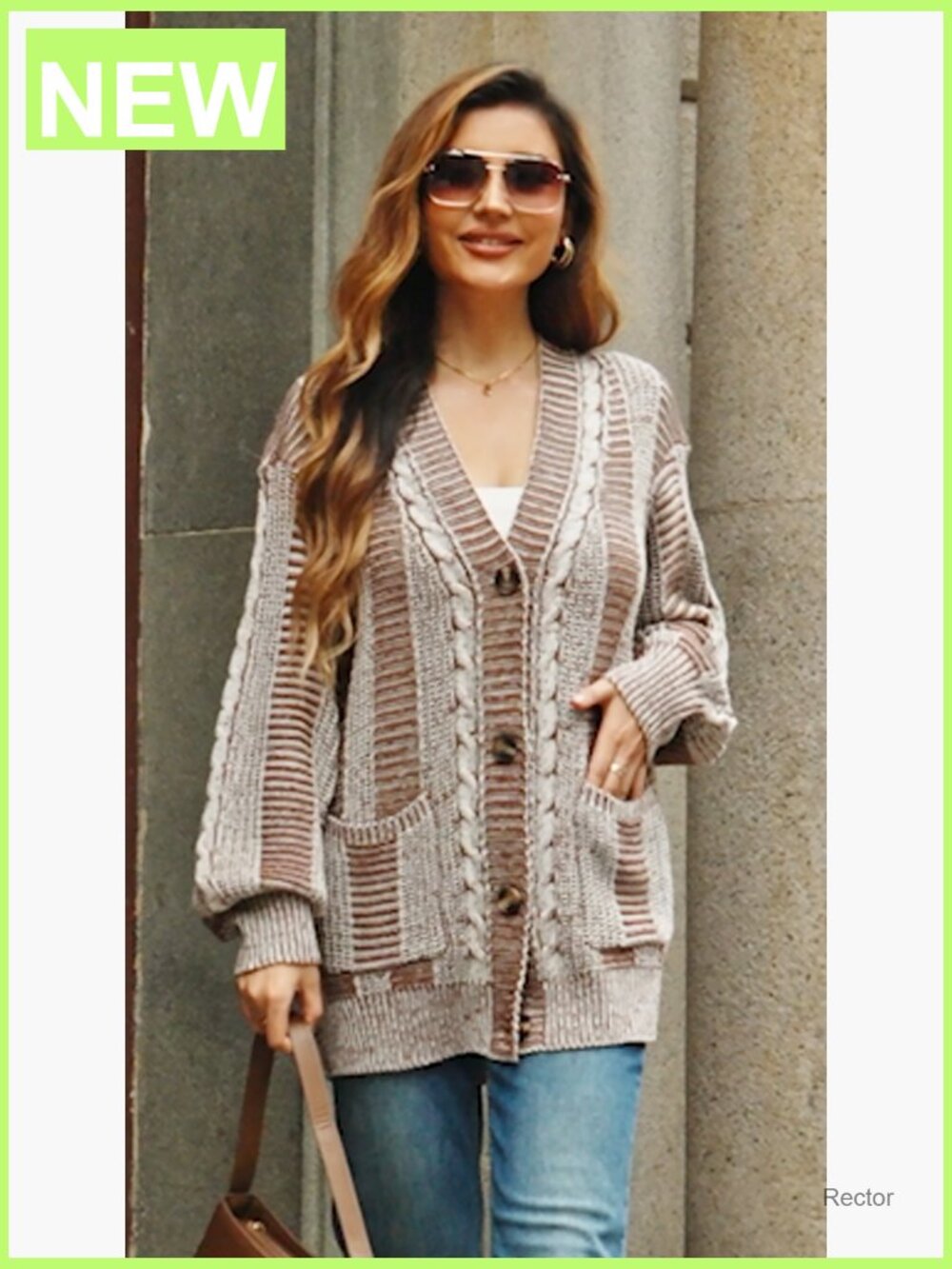 Oversized Cable Knit Cardigan with Pockets Long Sleeve - Picture 7 of 7
